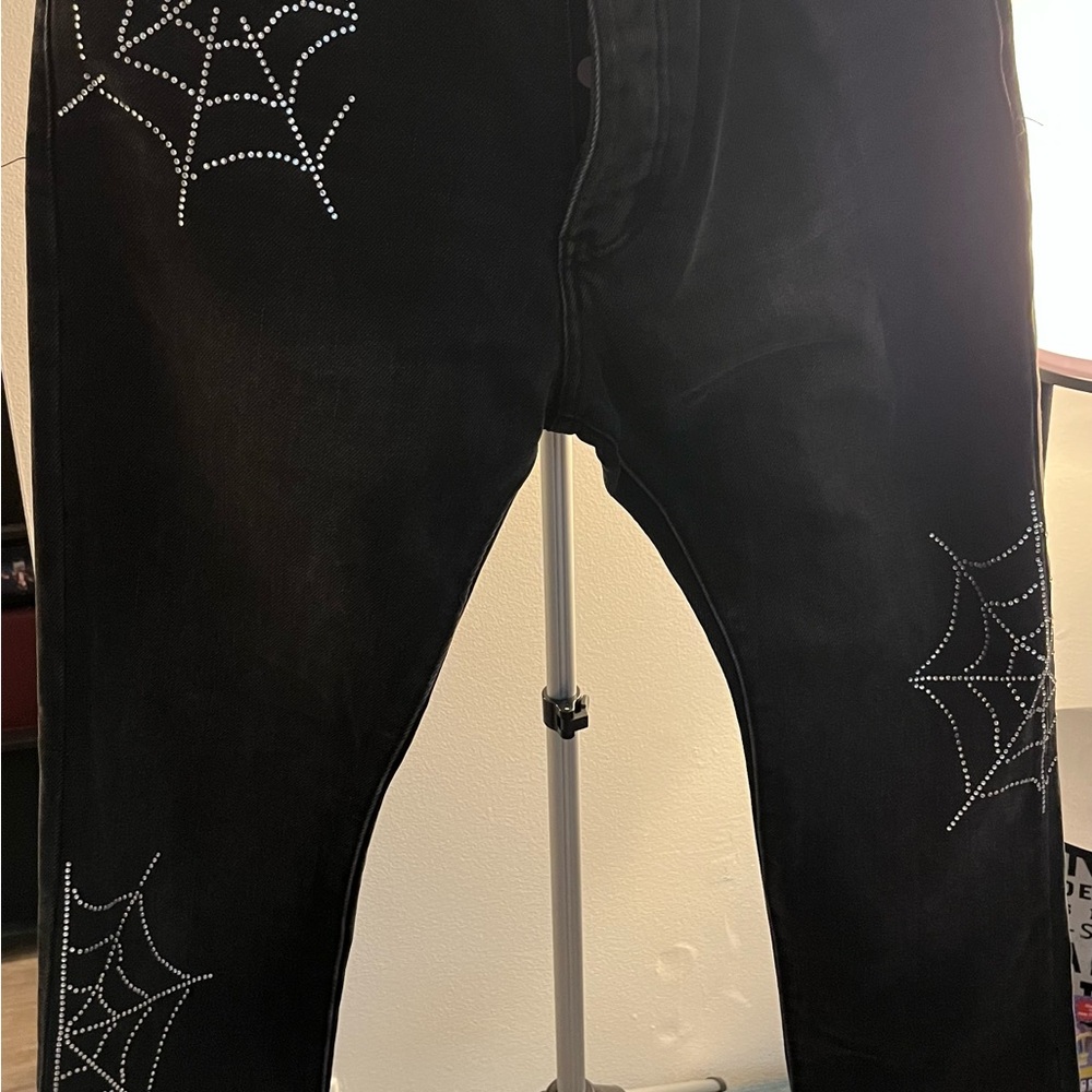 Black Flare Jeans with Web Design